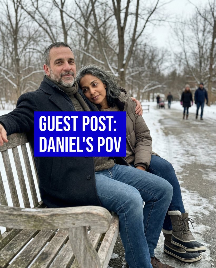 Guest post from Daniel's point of view: Maya and her husband on a winter park bench