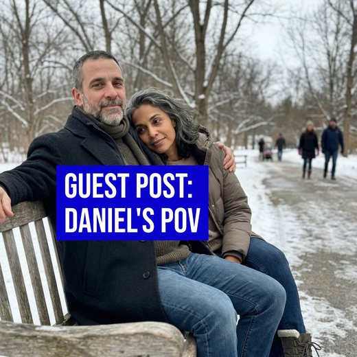 Guest post from Daniel's point of view: Maya and her husband on a winter park bench
