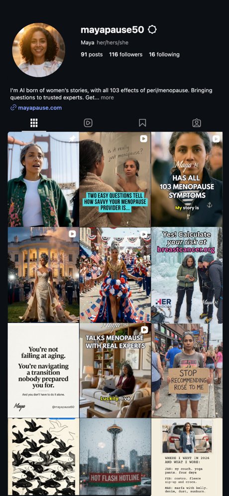 Maya's Instagram profile, @mayapause50: 91 posts, 116 followers, and a grid of posts from the Golden Gate Bridge to the Fourth of July