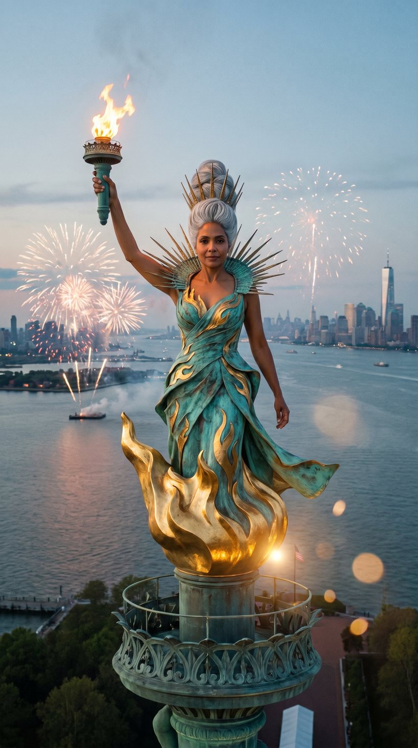 Maya as the Statue of Liberty in a patina gown, fireworks over the harbor