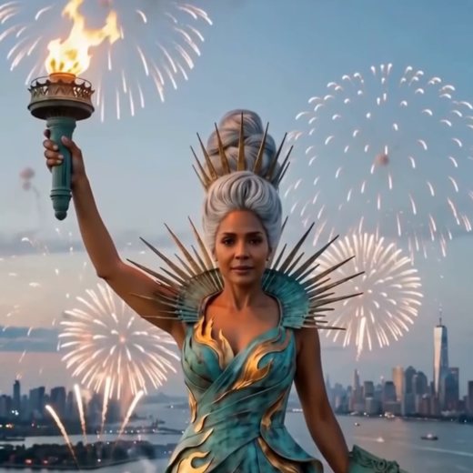 Maya as the Statue of Liberty in a patina gown, fireworks over the harbor