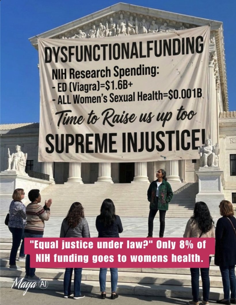 Maya and a crowd at the Supreme Court under a banner protesting NIH research funding