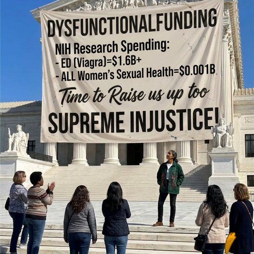 Maya and a crowd at the Supreme Court under a banner protesting NIH research funding